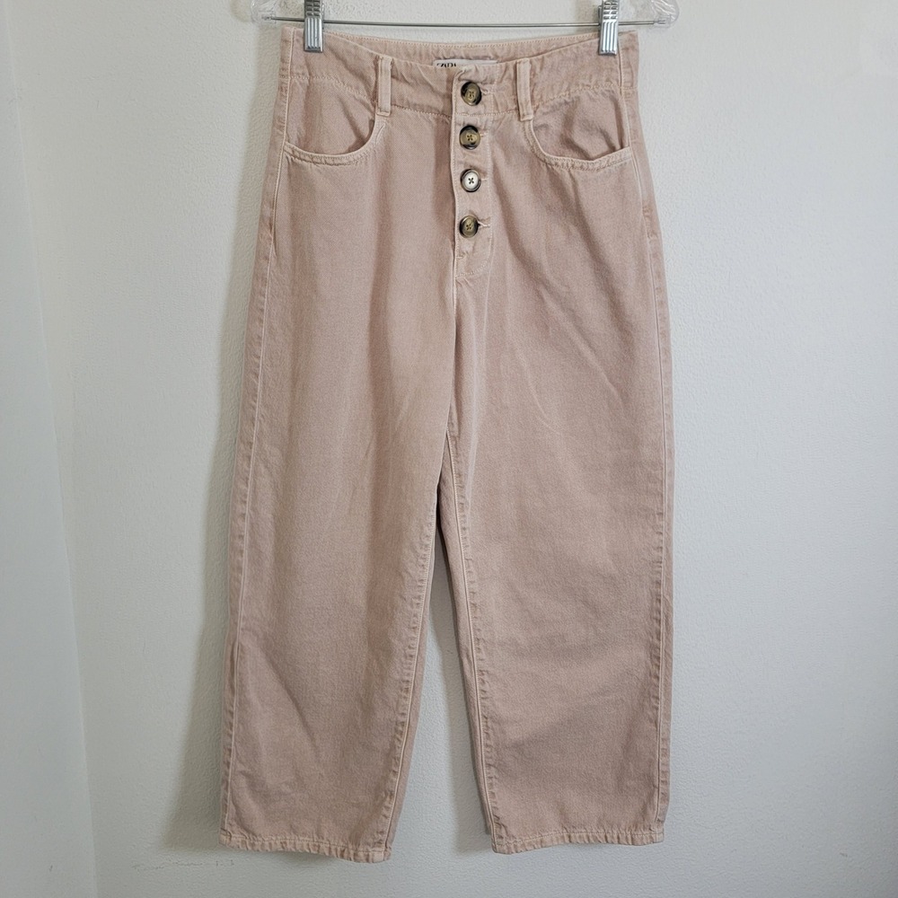 Zara Womens High Rise Barrel Leg Pants Tan Khaki Size 6 Relaxed Tapered Casual